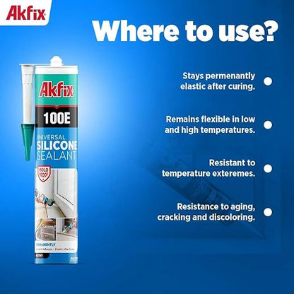 Akfix 100E RTV Black Silicone Caulk (24x10.1 fl.oz.) - 100% Waterproof Silicone Sealant for Kitchen and Bathroom, Shower, Toilet, Sink, Window and Door, UV Resistant, Flexible | Black, 24 Pack