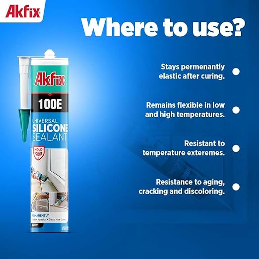 Akfix 100E RTV Gray Silicone Caulk (2x10.1 fl.oz.) - 100% Waterproof Silicone Sealant for Kitchen and Bathroom, Shower, Bathtub, Toilet, Sink, Window and Door, No Discoloring | Grey, 2 Pack