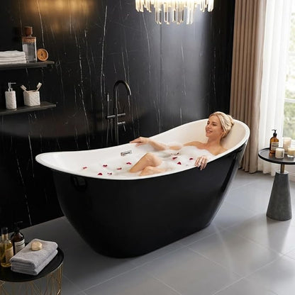 67" Freestanding Acrylic Bathtub, Deep Soaking Tub with Non-Slip Base & Chrome Drain, cUPC Certified, Black Ingot