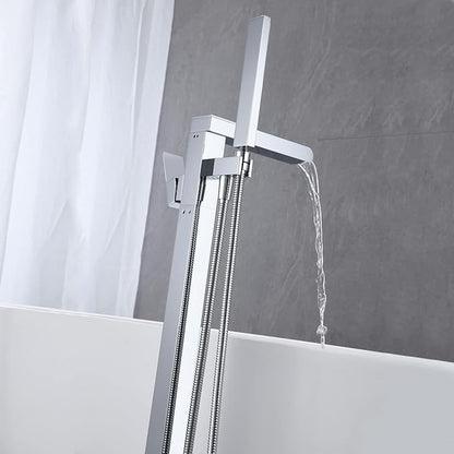 Freestanding Tub Filler Waterfall Bathtub Faucet Chrome Floor Mount Brass Single Handle Bathroom Faucets with Hand Shower