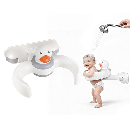 Baby Bath Stand with Pressable Duck Toy, No-Drill Interactive Bath Support with Adjustable Height & Non-Slip Suction Cups, Hands-Free Helper for Newborns & Toddlers 0-36 Months