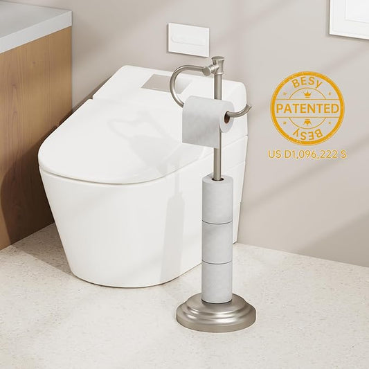 BESy Toilet Paper Holder Stand SUS 304 Free Standing Bathroom Tissue Holder with Storage Hardware Accessories Rack Hand Towel Bar Rustproof Lavatory Tissue Roll Holder Floor Modern Brushed Nickel