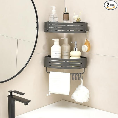 Suction Cup Shower Caddy Corner, Shower Storage Rack With Large Capacity, No Drilling Suction Shelves Space-Saving Shower Organizer with Towel Bar Hooks for Bathroom & Home Decor(2pcs, Gray)
