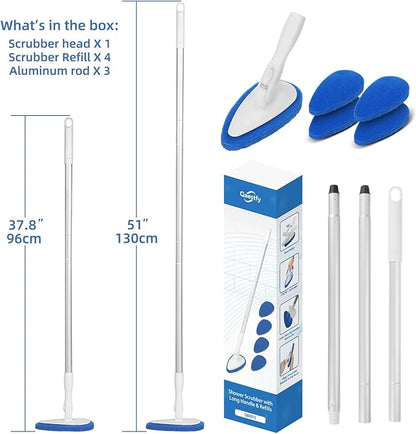 Qaestfy Shower Bathtub Tub Tile Scrubber Cleaning Brush with 51'' Handle, 5 Non-Scratch Scouring Pads, Adjustable Long Handled Scrub Brush for Cleaning Shower Bathroom Vessel Sinks Toilet Wall Floor