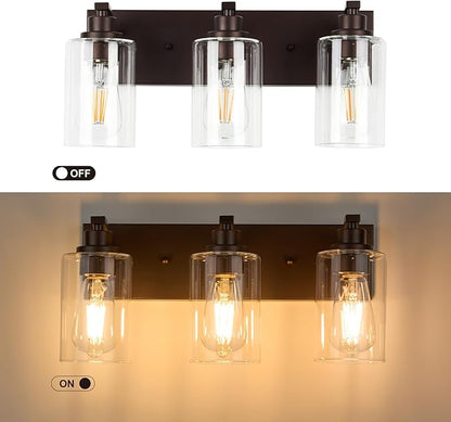 3-Light Bathroom Light Fixtures Modern ORB Vanity Lights for Bathroom Lighting Fixtures Over Mirror with Clear Glass Shade for Cabinet Mirror Bedroom Hallway