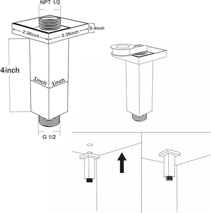 Matte Black Shower Arm with Flange Square Stainless Steel Ceiling Mounted Shower Extension Arm Pipe for Rainfall Shower Head, 4 inch