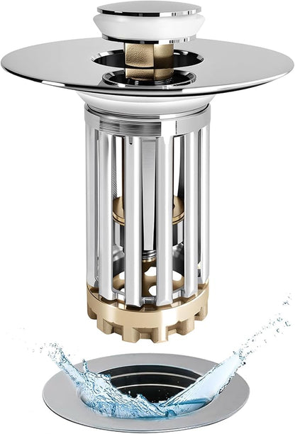 Bathroom Sink Drain Strainer, 3 in 1 Pop Up Bathroom Sink Stopper with Removable Brass Basket Hair Catcher, Universal Sink Plug for 1.06 to 1.6in Drain Hole, Chrome Silver