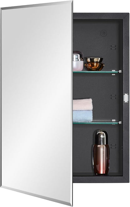 Black Bathroom Medicine Cabinet with Beveled Edge Mirrored Door 16 x 22 inch, Recessed or Surface Mount, with Adjustable Glass Shelves