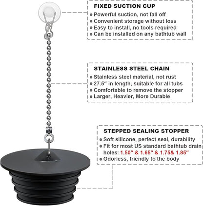 Bathtub Stopper, Silicone Tub Drain Stopper/Plug/Cover with 27.5" Stainless Steel Beaded Chain, Shower Bath Drain Water Stopper