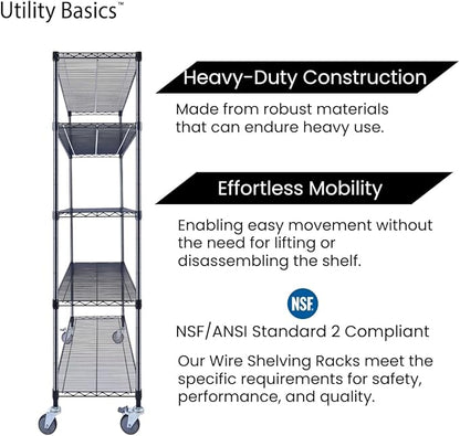 NSF Commercial 5-Tier Wire Shelving with Wheels, 60"x18"x72" Heavy Duty Metal Shelves 4000 lbs Max Capacity, Black Storage Rack for Garage Kitchen Pantry Warehouse