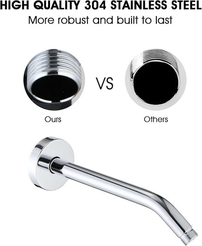 10 Inch Shower Arm with Flange and Stabilizer Bracket, Wall Mounted Shower Pipe Arm 304 Stainless Steel For Fixed Shower Head & Handheld Showerhead, Chrome