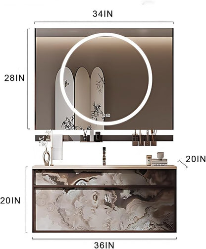 36IN Modern Bathroom Vanity with Sink - Bathroom Vanity with Drawer Organizer, LED Mirror Lights & Defogging Function | Wall - Mounted Vanity with Silver Sink Faucet