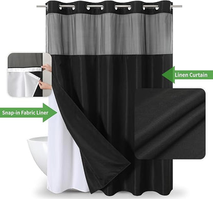 No Hooks Needed Linen Textured Shower Curtain with Snap-in Fabric Liner Set,Black Hotel Luxury Decor Shower Curtains for Bathroom with Mesh Top Window,Waterproof & Washable,71Wx74H