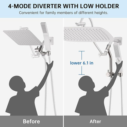 G-Promise All Metal 16 Inch Shower Head with Massage Mode Handheld, Rain Shower Head with Handheld Spray Combo, 3-Way Diverter with Pause Setting, 13 Inch Adjustable Extension Arm (Brushed Nickel)