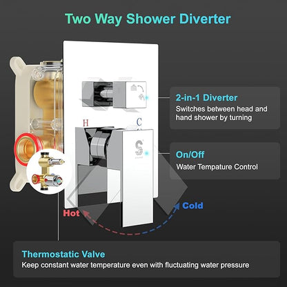 SR SUN RISE 12 Inch Slide Bar Shower System, Square Rain Shower Head and Handheld Spray, Wall Mounted Shower Faucets Sets Complete Included Valve and Shower Trim Kit, Polished Chrome
