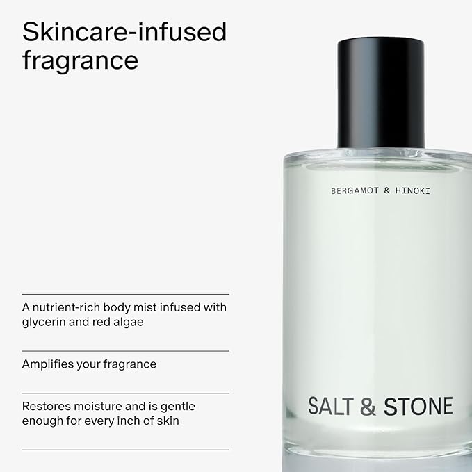 Salt & Stone Body Mist, Bergamot & Hinoki Scent, Skincare Infused Hair & Body Spray for Women and Men, Hydrating Fragrance with Glycerin and Red Algae, Vegan, Cruelty Free, 3.4 fl oz