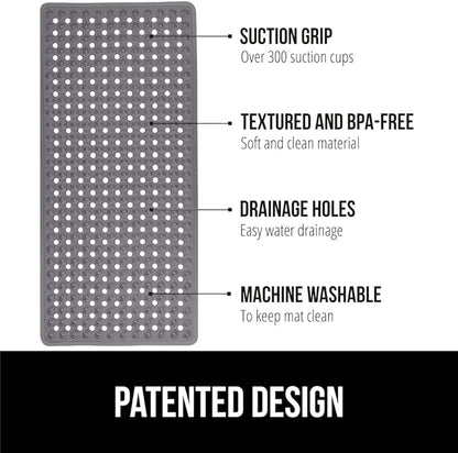 GORILLA GRIP Patented Bath Tub Shower Mat, Machine Washable Bathtub Floor Liner Mats, Suction Cups and Drain Holes to Keep Tubs Clean, Soft on Feet, Bathroom Essentials, 35x16 Inch, Charcoal Opaque