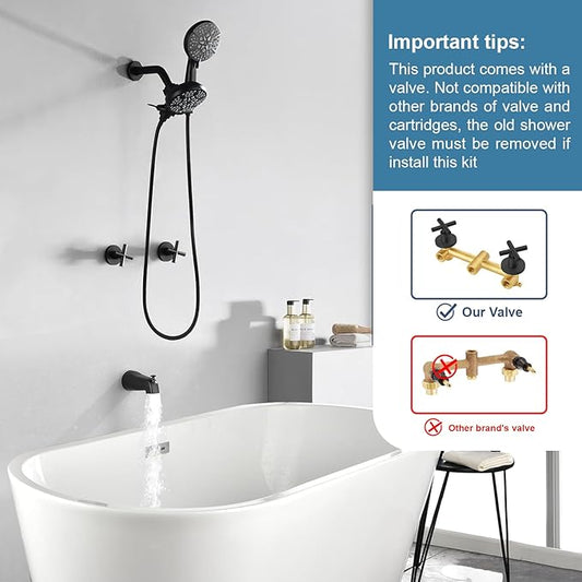 2 Handles Shower Faucet Set with Tub Spout Bathtub Shower Faucet Combo Set Shower System Complete Tub and Shower Trim Kit Matte Black Wall Mounted Shower Fixtures