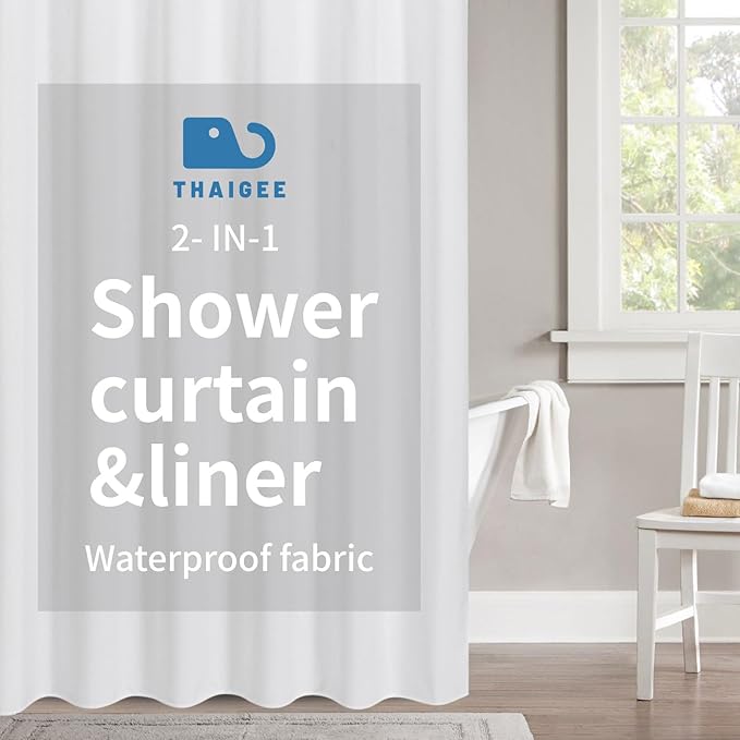 2-in-1 Waterproof Fabric Shower Curtain or Liner,Linen Textured,Breathable TPU & Washable Bathroom Shower Curtain Set with 12 Plastic Hooks,72"x72",White