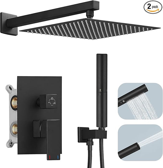 Hoimpro 12 Inch Shower Head System Set Bathroom Rain Mixer Shower Head 2 In 1 Handheld Sprayer Wall Mounted, Square Rainfall Shower Faucet Fixture Combo Valve Kits Brass Showerhead, Matte Black
