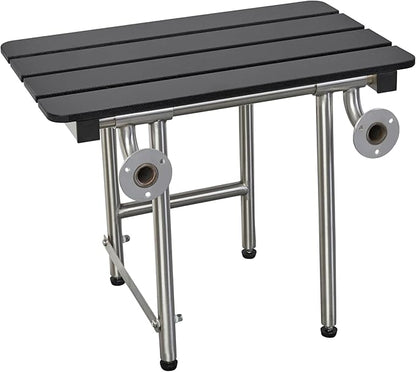 28-inch x 15-inch ADA Bariatric Folding Wall Mount Bathroom Shower Seat Bench with Legs, Black Slatted Phenolic Seat