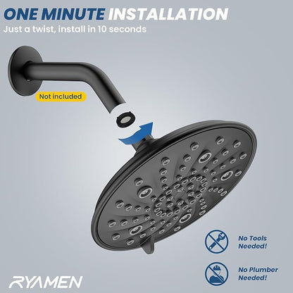 Ryamen Filtered Shower head, Rain Shower Head with Filter, High Pressure Shower Filter Head for Hard Water, 99% REMOVAL for Chlorine, Heavy Metals, Improves Skin & Hair (Unfiltered, Black)