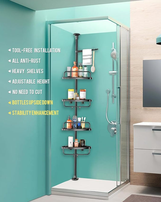 ADOVEL 4 Layer Corner Shower Caddy, Stainless Steel Constant Tension Pole Shower Organizer, Adjustable Corner Shower Shelf, Rustproof 3.3 to 9.8 ft