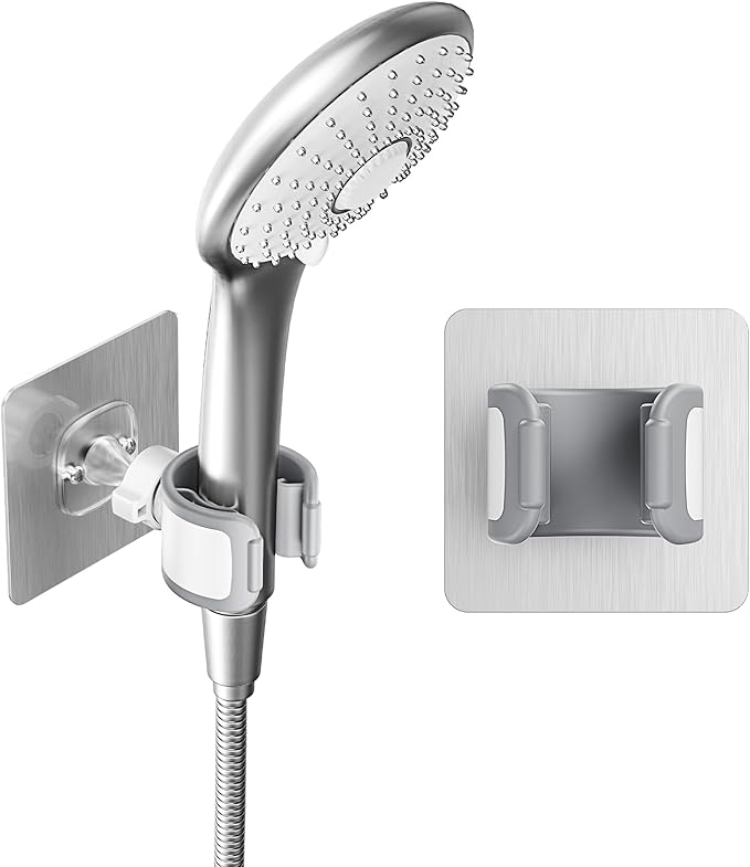 Adjustable Wall Mounted Shower Head Holder, Strong Adhesive & Drilling 2 Installation Methods, 360° Swivel Handheld Shower Wand Holder for RV Kids’ Bathroom Shower Accessories （White