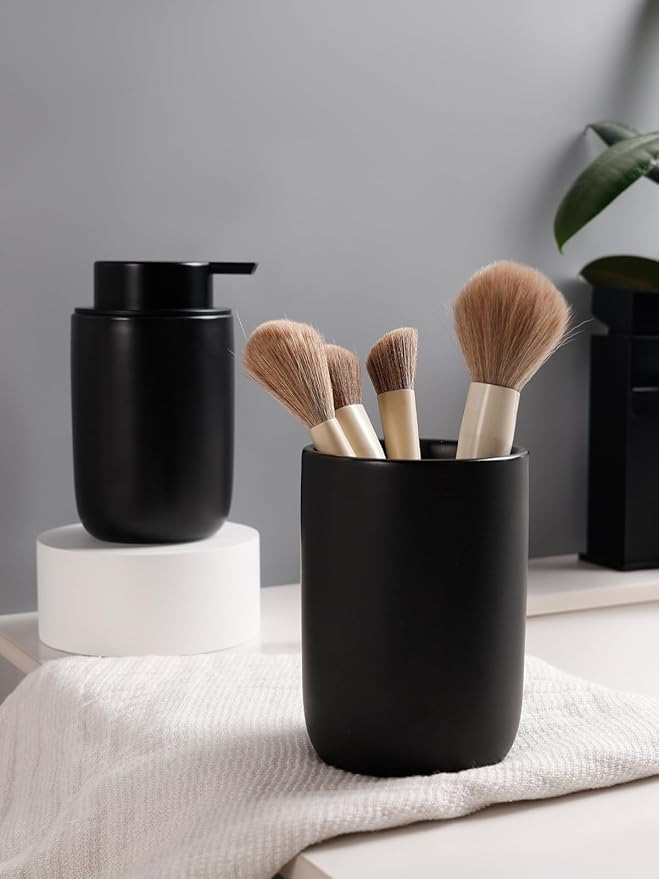 Bosilunlife Soap Dispenser and Toothbrush Holder Set - 11Oz Foam Soap Dispenser Pump Ceramic Bathroom Counter Soap Toothbrush Holder Set Black Bathroom Accessories Set