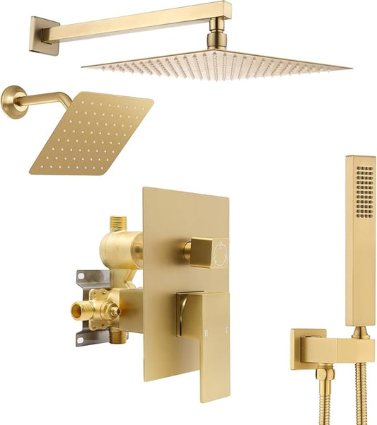 12" Shower Faucet Set Rain Shower System with 6" Wall Mounted Head Full Body Luxury Rain Shower System Rainfall Shower Head with Handheld Combo,3 Way Pressure Balance Valve Kit,Brushed Gold