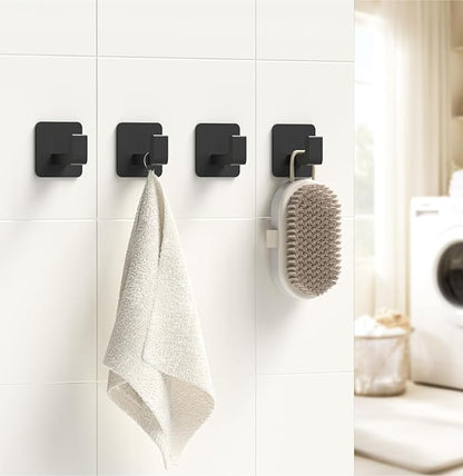 Square Self Adhesive Towel Hooks - 6 Pack Matte Black Metal Hooks, Right-Angle Design for Towels, Robes & Hats, Organize Bathroom, Kitchen, Entryway, Doors, Cabinets on Smooth Surfaces