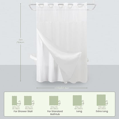 Inhousolu Stall No Hook Shower Curtain with Snap in Fabric Liner Set Waffle Weave 230GSM Weighted Hem, Waterproof & Washable Bathroom Curtain Spa Luxury with Mesh Top Window 60" W x 72" L White