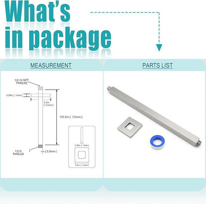 Brushed Nickel Shower Arm with Flange and Teflon Tape for High Ceiling or Fixed Rain Showerhead, Universal Connection 16-inch Square Straight Shower Head Extender Extension Pipe, 304 Stainless Steel