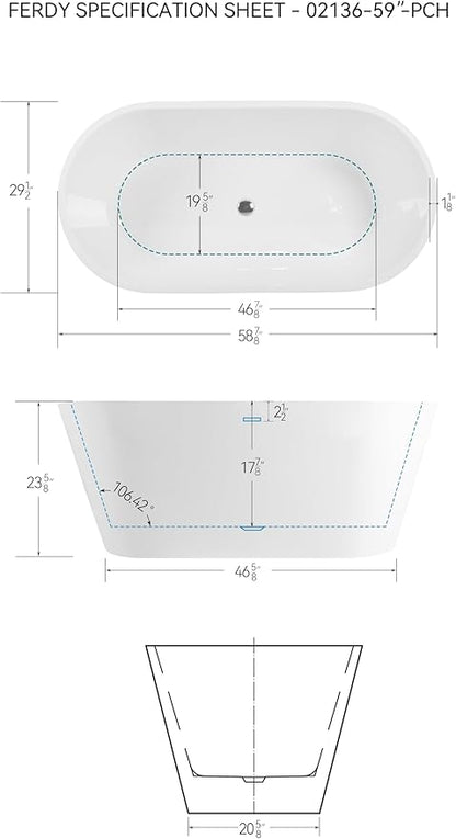 FerdY 59" Shangri-La Elite, Acrylic Freestanding Bathtub, Modern & Contemporary Design Soaking Tub with Polished Chrome Pop-Up Drain and Minimalist Design Overflow, Glossy White, cUPC Certified