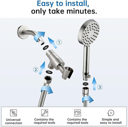 G-Promise Solid Metal Brushed Nickel Handheld Shower Head With Extra Long Stainless Steel Hose & Water Saving On/Off Pause Valve, Modern Style, 1 Setting, 10 Year Warranty