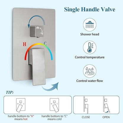Brushed Nickel Square Shower Head with Handheld Set, Rainfall Shower System Modern Wall Mounted Shower Faucet for Bathroom 10 inch (With Shower Valve)