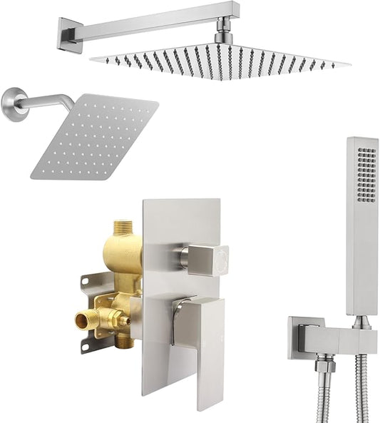 12" Shower Faucet Set Rain Shower System with 6" Wall Mounted Head Full Body Luxury Rain Shower System Rainfall Shower Head with Handheld Combo,3 Way Pressure Balance Valve Kit,Brushed Nickel
