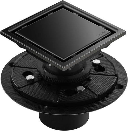 Hidden Brushed Square Shower Floor Drain, Black 4 inch, 304 Stainless Steel, with Flange, Detachable Cover Embedded in Ceramic Tiles