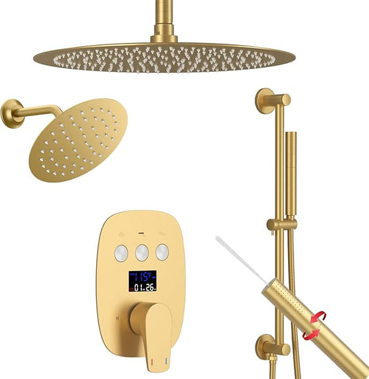 12Inch Brushed Gold Ceiling Shower System & 8Inch Wall-Mount Shower Faucet Set, 2 in 1 Handheld with Adjustable Slide Bar Included Temperature Display Valve and Trim Kit Can Work At Once