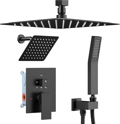 Shower Faucet Set Matte Black Shower Systems, STARBATH 3 Way Shower Faucet with 2 in 1 Handheld, Ceiling Mount 12+6" Dual Rain Shower Head for Two People, Shower Valve with 5 Diverter Complete