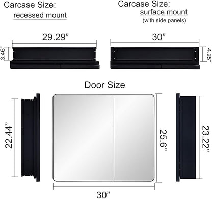 Black Bathroom Mirror Medicine Cabinet with Round Corner Framed Door 30 x 25.6 inch, Recessed or Surface Mount, with Adjustable Glass Shelves
