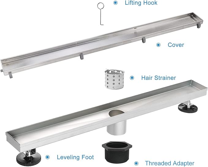 Linear Shower Drain, 72 inch Drain with Tile Insert 2-in-1 Panel, Brushed 304 Stainless Steel Shower Floor Drain, Linear Drain with Hair Strainer and Adjustable Feet