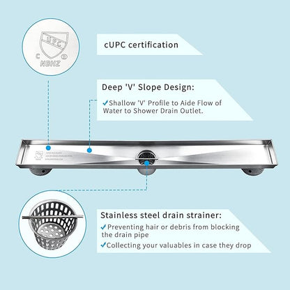 Neodrain 32-Inch Linear Shower Drain with Tile Insert Grate, Professional Brushed 304 Stainless Steel Rectangle Shower Floor Drain Manufacturer, Floor Shower Drain with Shower Drain Base