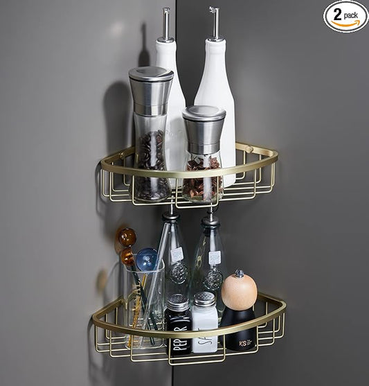Corner Shower Caddy Organizer, SUS304 Stainless Steel Heavy Duty Rust-Proof Shelf Shampoo Holder, Wall Mounted Storage Rack for Bathroom Kitchen, 2 Packs Brushed Gold