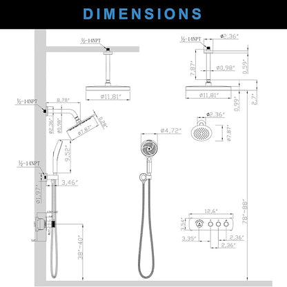 Shower System Brass Thermostatic Shower Faucet Set With Valve and Diverter Shower Mixer with 2 Rain Shower Head and Multi-function Handheld Head(Matte Black)