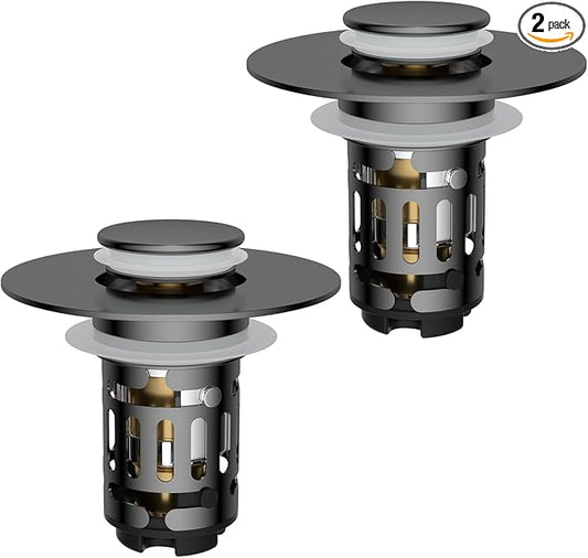 Hibbent 2 Pack 3 in 1 Bathroom Sink Drain Strainer, Universal Pop Up Stopper with Removable Stainless Steel Filter Basket Hair Catcher, Sink Plug for 1.1''~2.36'' Basin, Brass Bullet Core, Grey