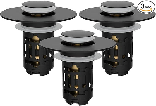 Hibbent 3 Pack 3 in 1 Bathroom Sink Drain Strainer, Universal Pop Up Stopper, Removable Stainless Steel Filter Basket Hair Catcher, Sink Plug for 1.1''~2.36'' Basin, Brass Bullet Core, Matte Black