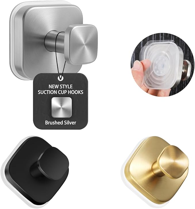 2Pcs Square Suction Cup Hook, 304 Stainless Steel Shower Hook, Removable Suction Cup Knob for Shower, Bathroom, Kitchen, Glass Door, Mirror (Gold)