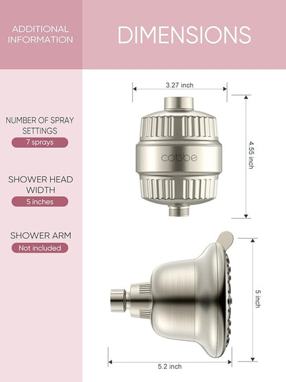 Cobbe Luxury Double Filtered Shower Head, High Output 16+20 Stages – 99% REMOVAL Shower Filters for Hard Water Removes Chlorine and Harmful Substances, 7-Model Setting Spray, Brushed Nickel