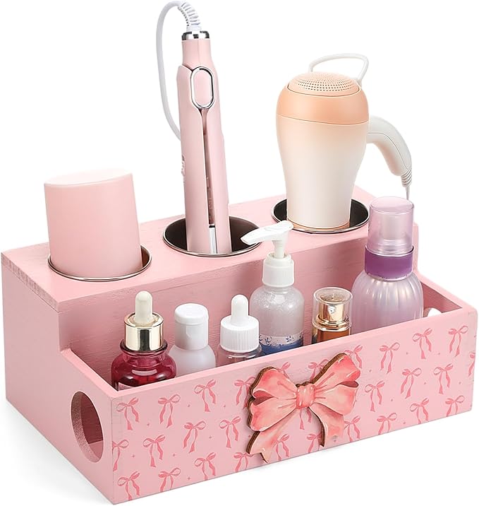 Pink Bow Hair Dryer Holder Wall Mounted Wooden Hair Dryer Holder Countertop Coquettish Preppy Bathroom Storage Accessories Decor Vanity Tools Bathroom Organizer for Curling Wand